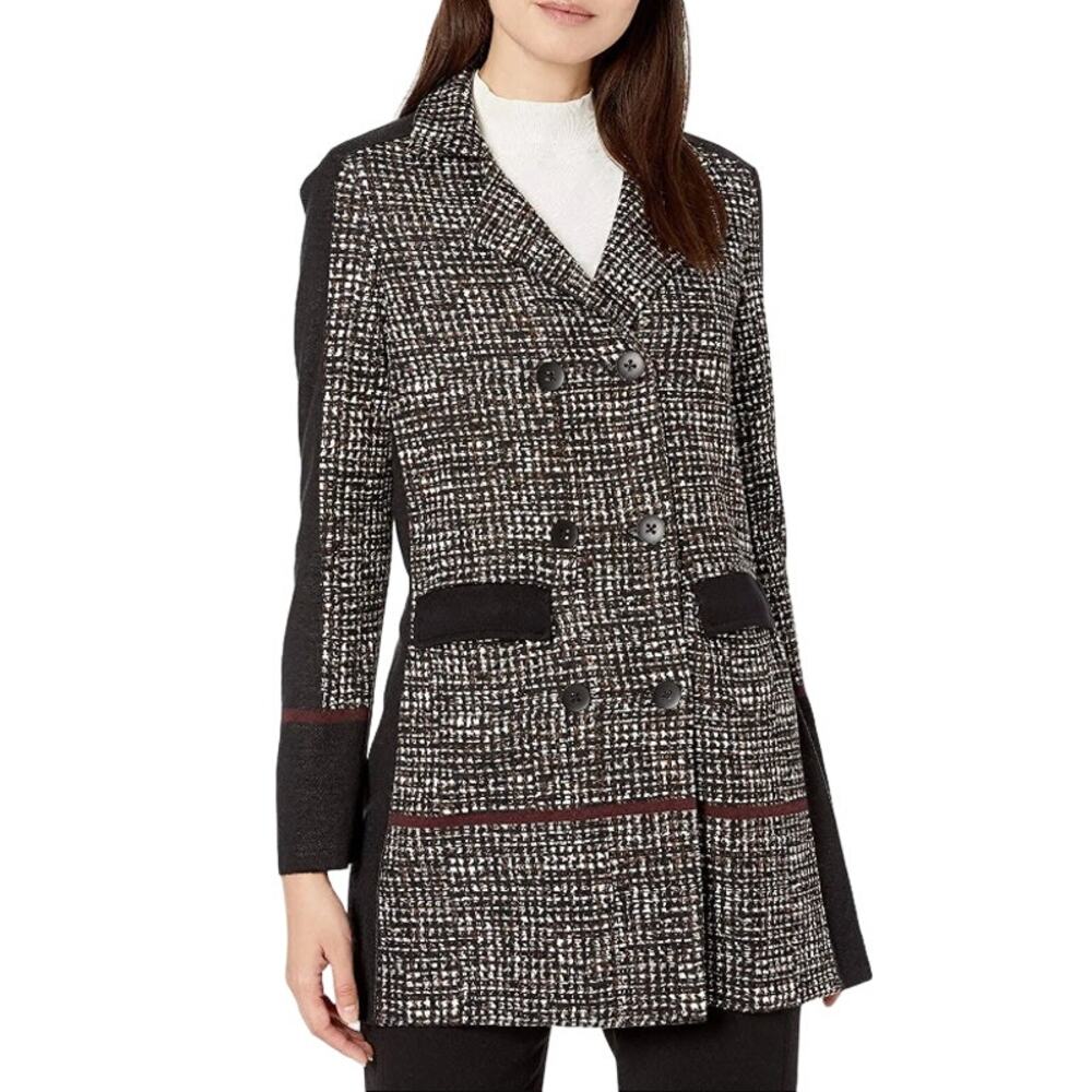 NIC+ZOE Black Plaid Abstract Tweed Coat Womens Small Mid Length Double Breasted